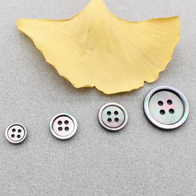 China Viable Factory Custom River Shell Black Buttons Up For Men's Dress Clothes Fancy Flat Round Natural Shell Pearl Shirt Buttons 4 Hole MOP for sale