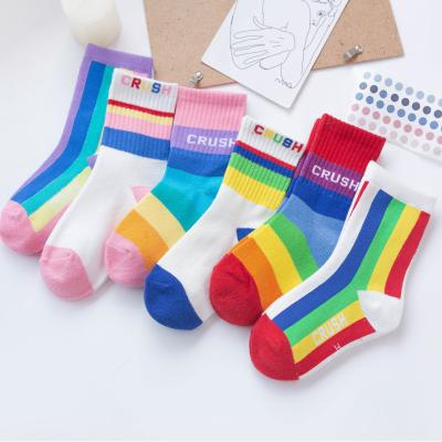 China Fashion Korea Colorful Rainbow Letter 3Pack QUICK DRY Cotton Crew Socks For Kids Girl Boys Baby Fashion Socks for sale