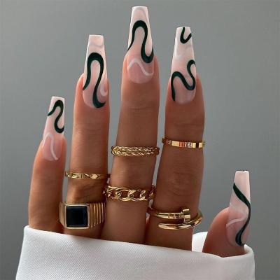 China Easy Apply Wholesale New Arrival French Lines Designs Coffin Long Press On Nails Luxury Fake Nails Artificial Nails for sale