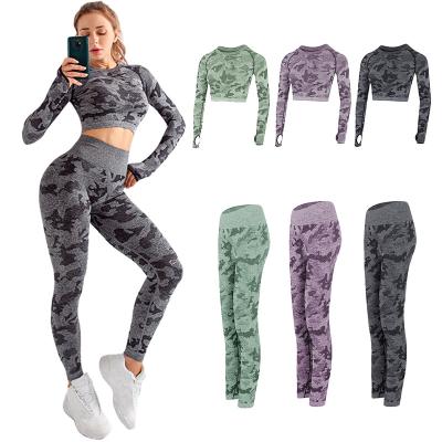 China 2021 Breathable Free Sample Camouflage High Elasticity Workout Seamless Sports Yoga Sets For Women Gym Fitness Clothes Active Wear Sets for sale