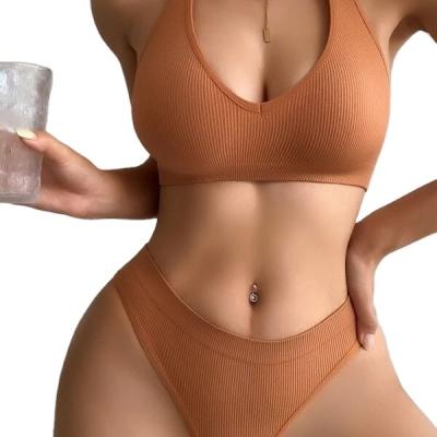 China QUICK DRY Tik Tok dropshipping seamless deep ncek panties top cut strap high two piece sexy bra and panty sets for sale