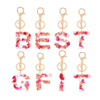 China Luxury Acrylic Key Chain Gift Real Handmade Rose Flower Alphabet Resin Key Chain Ring and Gold Foil For Gift for sale