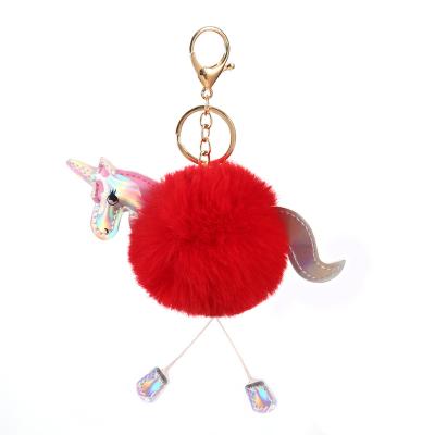 China Wholesale New Plush Ball Shape Unicorn Faux Pom Pom Rabbit Fur Chain Key Chain for sale