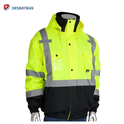 China Water Render Hi Vis Full Zip Fluorescent Yellow Waterproof Reflective Safety Clothing Hooded Safety Jacket Workwear for sale