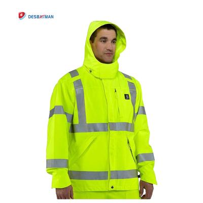 China High Visibility Waterproof Clothing Bachelor Multi-pocket Reflective Raincoat Fluorescent Yellow Cheap Rainsuit Hooded Raincoat for sale