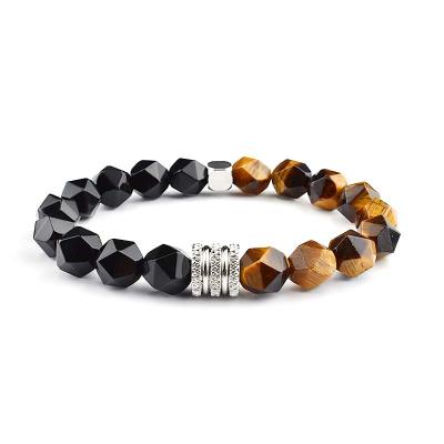 China Punk Polyhedron Tiger Eye Stone Beaded Trendy Men's Natural 316L Stainless Steel Black Beads Bracelet for sale