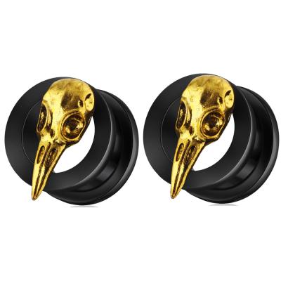 China NUORO CLASSIC Black Gold Color Bird Skull Ear Piercing Expanders Stainless Steel Studs Screw Micrometers Ear Tunnels Plugs for sale