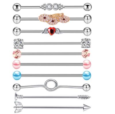 China 10PCS CLASSIC Silver Heart Flower Stainless Steel Long Earring Cartilage Body Piercing 38mm Industrial Piercing Bar for sale