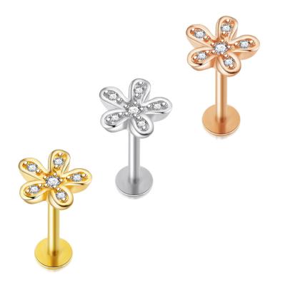 China NUORO CLASSIC Clear Flower 6/8mm CZ Internally Threaded Jewelry Labret Monroe Body Piercing Labret Monroe Lip Studs Helix Tragus for sale