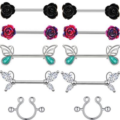 China NUORO CLASSIC Stainless Steel 14G CZ Wing Flower Nipple Piercing Jewelry with Women Man Crystal Barbell Nipple Rings for sale