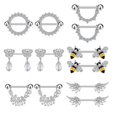 China Vintage NUORO 1Pairs 14G Zircon Dangle Wings Butterfly Bee Nipple Shield Barbell Retainer Stainless Steel Nipple Rings for sale