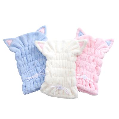 China Household Compressed Running Plain Periwinkle Cartoon Cat Coral Fleece Shower Cartoon Cat Hair Drying Head Soft Absorbent Towel for sale