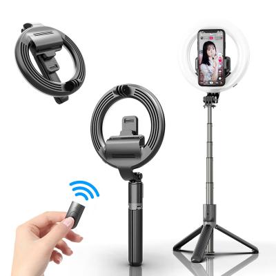 China Portable Flexible Portable Selfie Ring Light with Tripod Stand Dimmable LED Ring Light Rechargeable Selfie Stick with BT Remote Control for sale