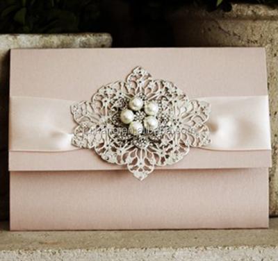 China Europe hot sale and chic rose silk wedding invitations with pearl decorations for wedding for sale