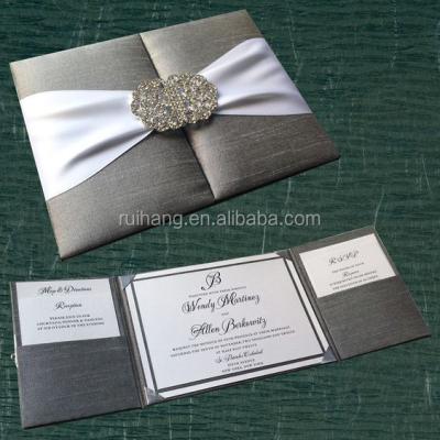 China Europe pocket box silk invitation with clasp crystal wedding buckle silk folio cards for sale