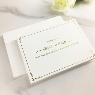 China Europe Luxury Hardcover Wedding Gold Foil Printing Embossed Vertically Open Wedding Card for sale