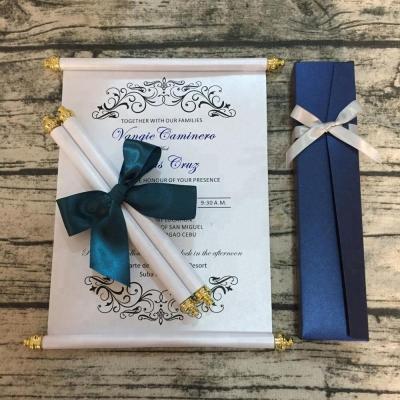 China Europe Teal Green Scroll Wedding Invitations Elegant With Box And Silk Ribbon for sale