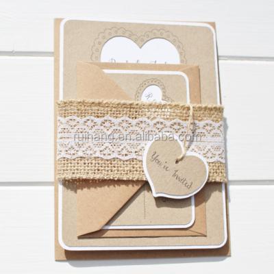 China Rustic Europe Heart Shape Laser Cut Wedding Invitation with a Lace and Burlap Belly Band for sale