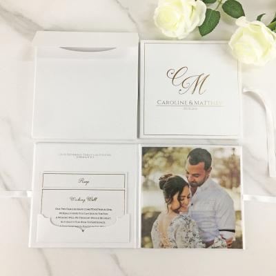 China Gorgeous Europe Latest Arrival Hardcover Wedding Invitation Cards With Custom Printing Couple Photos for sale