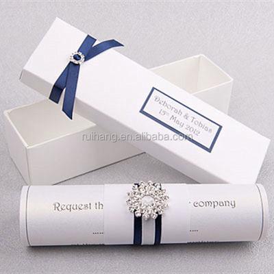 China Gorgeous and elegant white wedding invitation scroll Europe card with navy ribbons and crystal decorations for sale