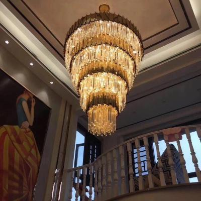 China Large Modern Wedding High Ceiling Long Chandeliers Pendants Lights Lighting Hotel Gold Led Crystal Villa Luxury Chandelier for sale