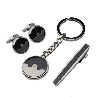 China Classic Design Business Carbon Fiber Steel Cufflinks Stainless Steel Fastener Clip Key Chain Set for sale