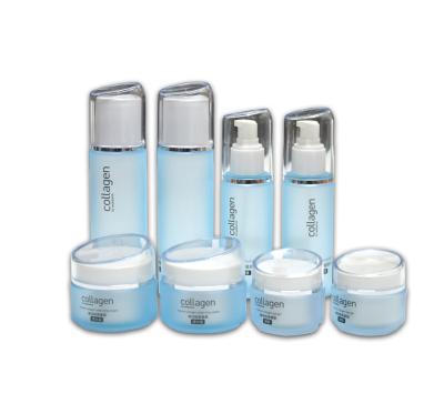 China Cosmetic Cosmetic Packaging Set Custom Blue Empty Skincare Plastic Lotion Bottles And Cream Jars Sets for sale