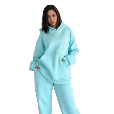 China Breathable Fleece Pullover Sweater With Solid Color Hooded Loose Sweatpants 2 Piece Suits For Female Sleeved Long Pants Suits For Women for sale