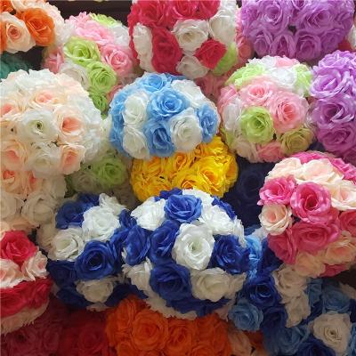 China Artificial Colored Plastic Silk Rose Ball Flower Kissing Centerpieces Eco-friendly Decoration Wedding Artificial Flower Balls for sale