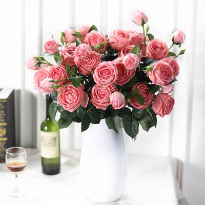 China Romantics Luyue 3 heads artificial flower roses simulation flower living room vase decoration table silk bouquet of flower decoration for sale