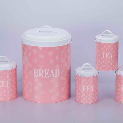 China Food Grade Powder Coating Round Coffee Tea Sugar Canister Set Kitchen Food Storage Container Metal Bread Bin Christmas Jar Cookies Tin for sale