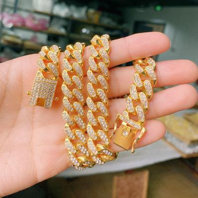 China New Environmental Friendly Hiphop 12MM Rose Gold Plated Iced Out Rhinestone Cuban Link Zinc Alloy Chain Necklace For Men Fashion Jewelry Chain for sale