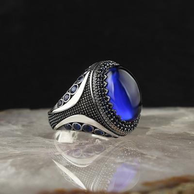 China Big Blue Punk Natural Cubic Zircon Retro BOHEMIA Vintage Style Thai Silver Ring Ladies Turkish Jewelry for sale