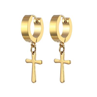 China CLASSIC Punk Jewelry 18K Gold Plated Huggie Cross Earrings Black Blue No Fade Stainless Steel Ankh Cross Hip Hop Drop Earrings For Men for sale