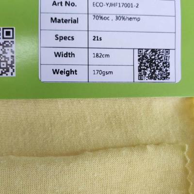 China Sustainable Hemp Fabric For T Shirt 70% Cotton 30% Organic Hemp Plain Jersey Fabric for sale