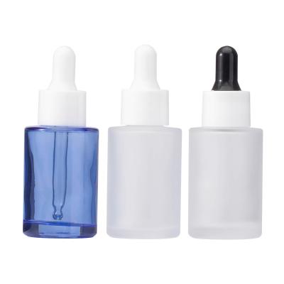 China Skin Care Empty Flat Shoulder Cylinder Clear Frosted Glass Dropper Bottle For Serum Essential Oil 1oz 1oz 30ml 30ml for sale