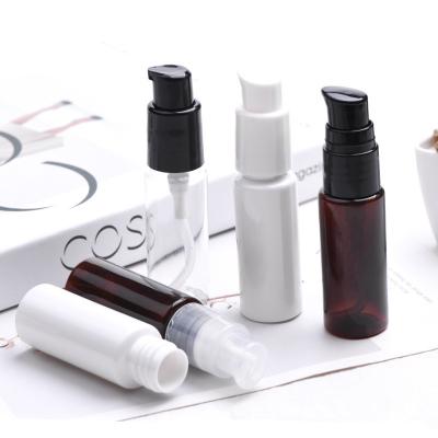 China 20ml Plastic Cosmetic Bottle White Amber Snap Clear PET Serum Bottle With Cream Pump For Lotion And Foundation for sale