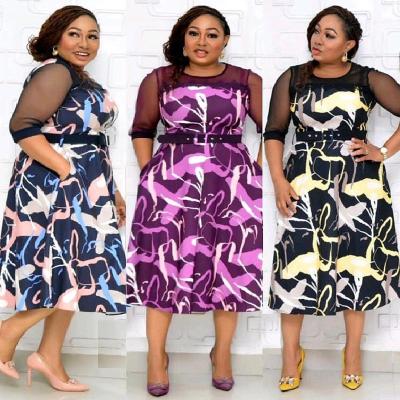 China Anti-wrinkle Plus size women's new round neck five-point sleeves and big swing mesh stitching printed dress for sale