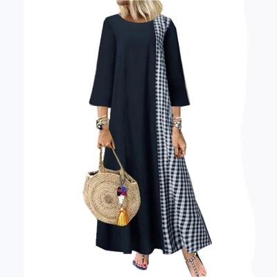 China Anti-wrinkle 2020 autumn hot style European and American plus size loose cotton and linen plaid stitching five-point sleeve dress for women for sale