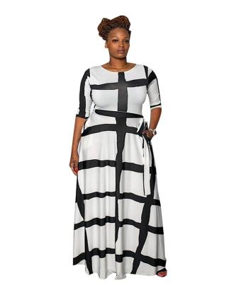 China Anti-wrinkle 2021ins European and American plus size women's amazon fashion stripe positioning printing five-point sleeve crew neck dress for sale