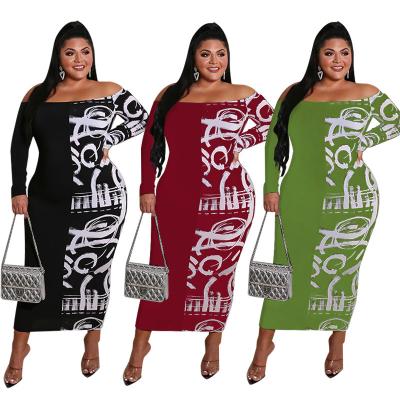 China Washable Plus size women's clothing 2021 autumn new graffiti off-neck Long sleeve dress Amazon Direct sales from source manufacturers for sale