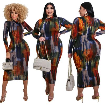 China Washable 2021 autumn plus size women's clothing new printed round neck fit long sleeve dress for sale