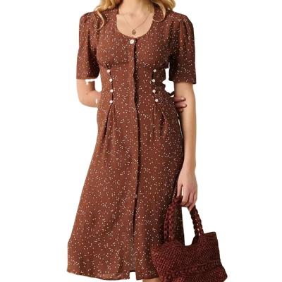 China Washable Vintage Modest Secretary Dress Brown and White Polka Dot Pleated Long Dress Short Sleeve for sale