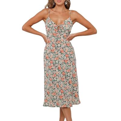 China Hallow Women's Sexy V-Neck Maxi Dress Summer Holiday Beach Swing Floral Strappy Sundress for sale