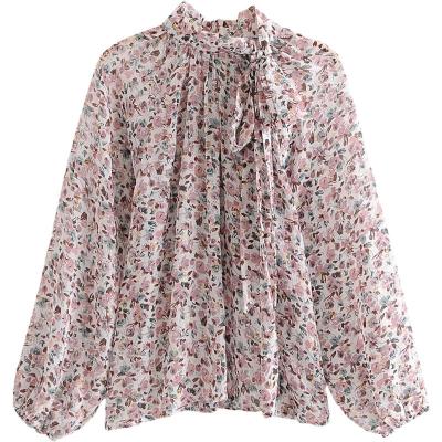 China Ladies Summer Anti-Shrink Shirts Long Sleeve Bow Knot Print Blouse Shirts Lady Tops Clothing for sale