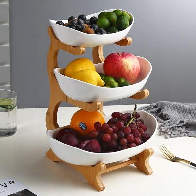 China Disposable Hotel Buffet Tilted 3 Tier Ceramic Dip Oval White Salad Fries Serving Food Bowl With Stand for sale