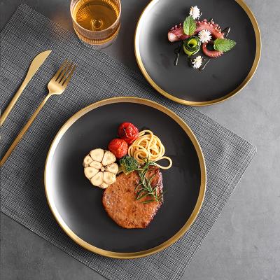 China 10inch European Ceramic Black Gold Steak Plate Dessert Dish Platter Restaurant Tableware Western Hotel Stocked Around Flat Plate for sale