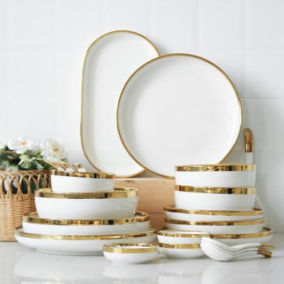 China Nordic Viable Edge Wholesale High Quality White Gold Ceramic Bowl Style Modern Dinner Set Dinnerware Set for sale