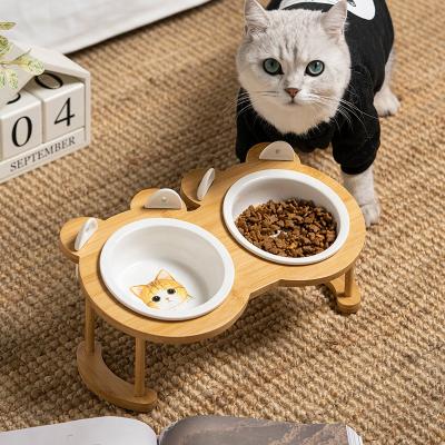 China Wholesale Dog Bowl Pet Food Bowl Dish Drinkable Non-slip Ceramic Feeder Pet Stored With Holder Bamboo Fork And Spoon for sale