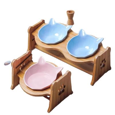 China Sustainable Water Bowls Raised Stand Driver Anti Slip Feet With 2 Ceramic Bowl With Bamboo Stand Cat Shape Pet Bowl for sale